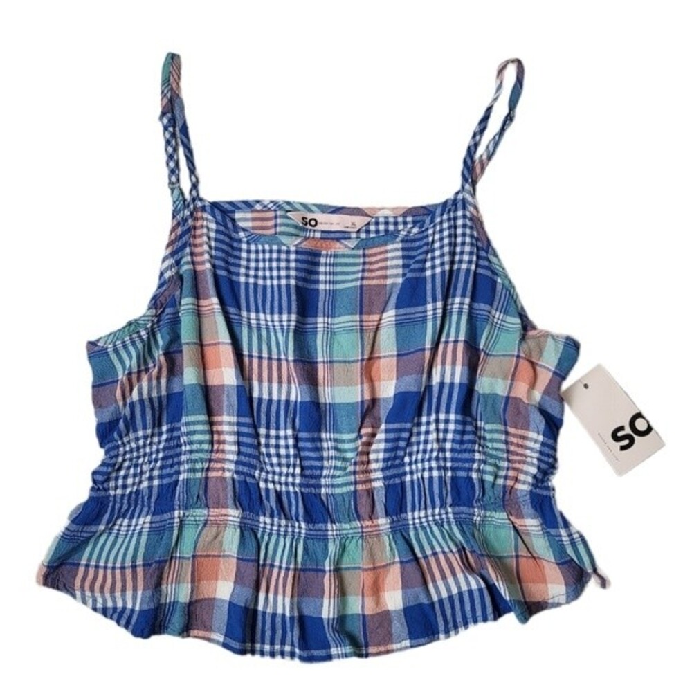 Cropped Cinch Waist Tank Top/ Blue Teal Plaid/ Juniors Size XL